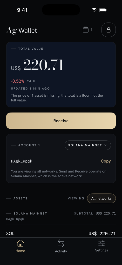 The Argentum Wallet home screen: total value in US dollars, a Receive button, the active account and network, and holdings grouped by network.